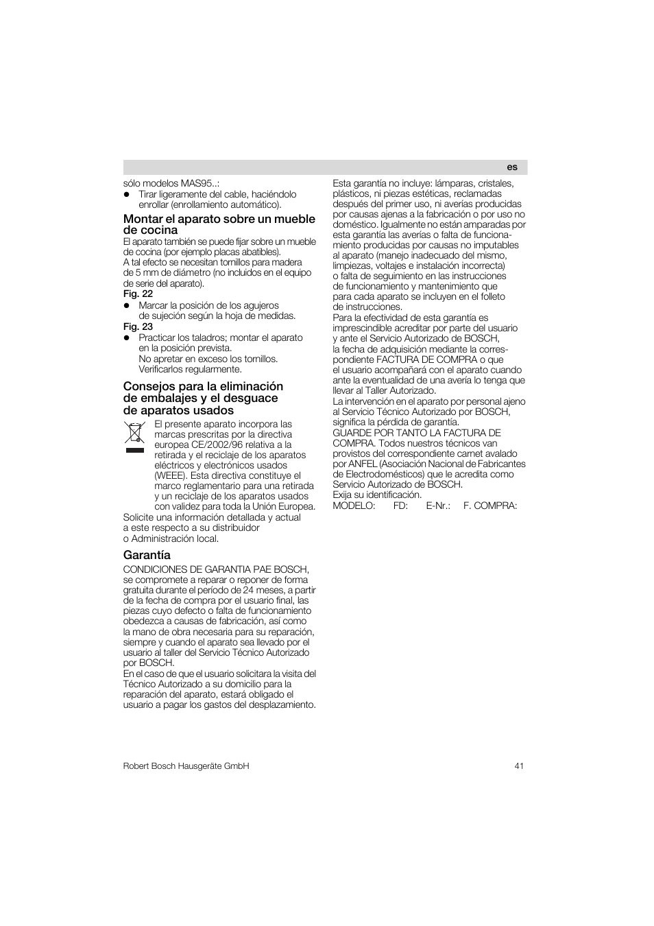 Montar el aparato sobre un mueble de cocina, Garantía | Bosch MAS 95 W 1 User Manual | Page 41 / 83