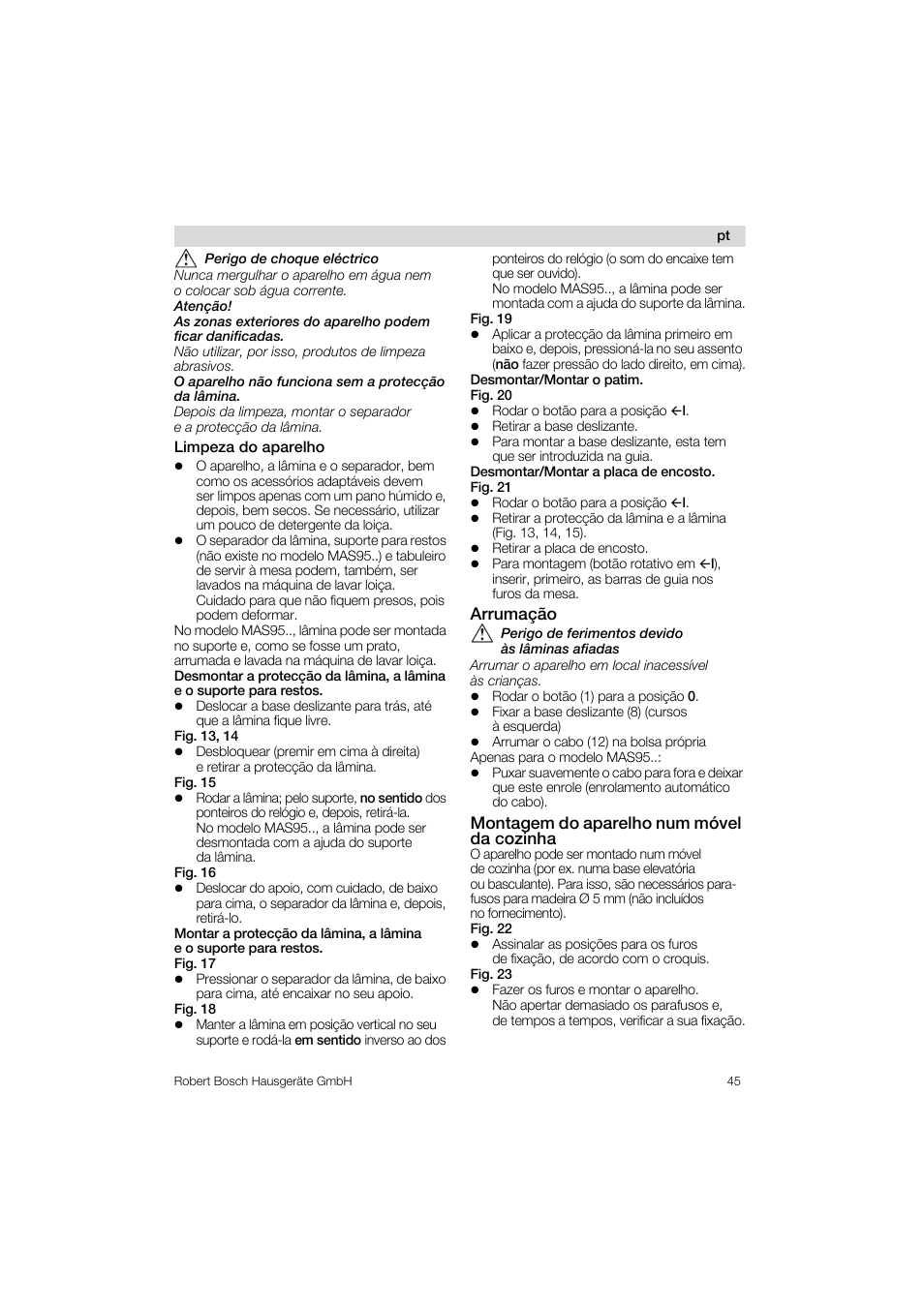 Limpeza do aparelho, Arrumagào, Montagem do aparelho num móvel da cozinha | Bosch MAS 95 W 1 User Manual | Page 45 / 83