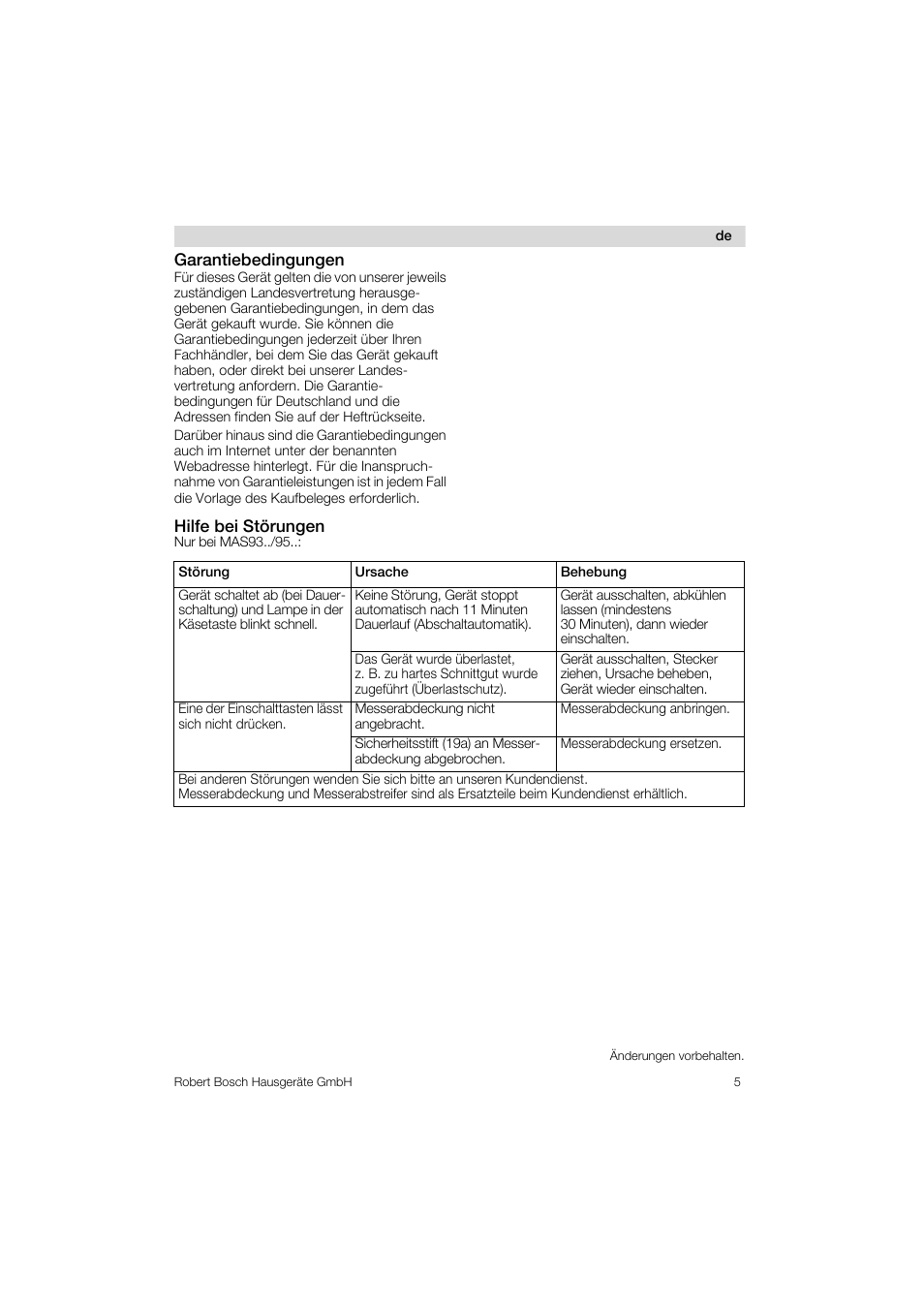 Garantiebedingungen, Hilfe bei störungen | Bosch MAS 95 W 1 User Manual | Page 5 / 83