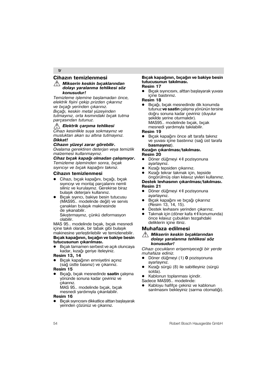 Cihazin temizlenmesi, Muhafaza edilmesi | Bosch MAS 95 W 1 User Manual | Page 54 / 83