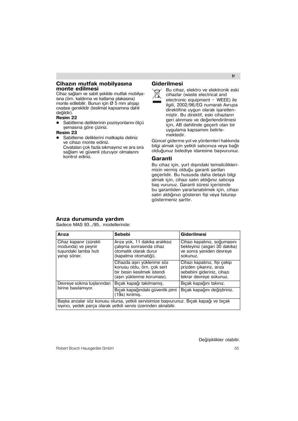 Cihazin mutfak mobilyasina monte edilmesi, Giderilmesi, Garanti | Ariza durumunda yardim | Bosch MAS 95 W 1 User Manual | Page 55 / 83