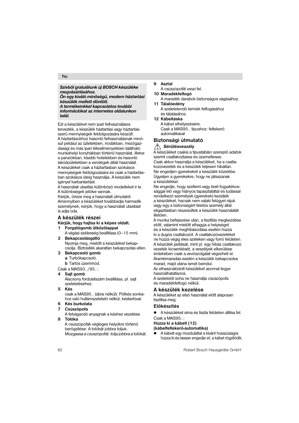 Bosch MAS 95 W 1 User Manual | Page 62 / 83