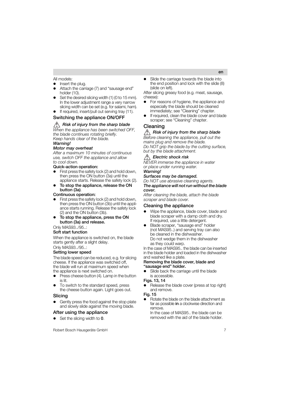 Switching the appliance on/off, Slicing, After using the appliance | Cleaning, Cleaning the appliance | Bosch MAS 95 W 1 User Manual | Page 7 / 83