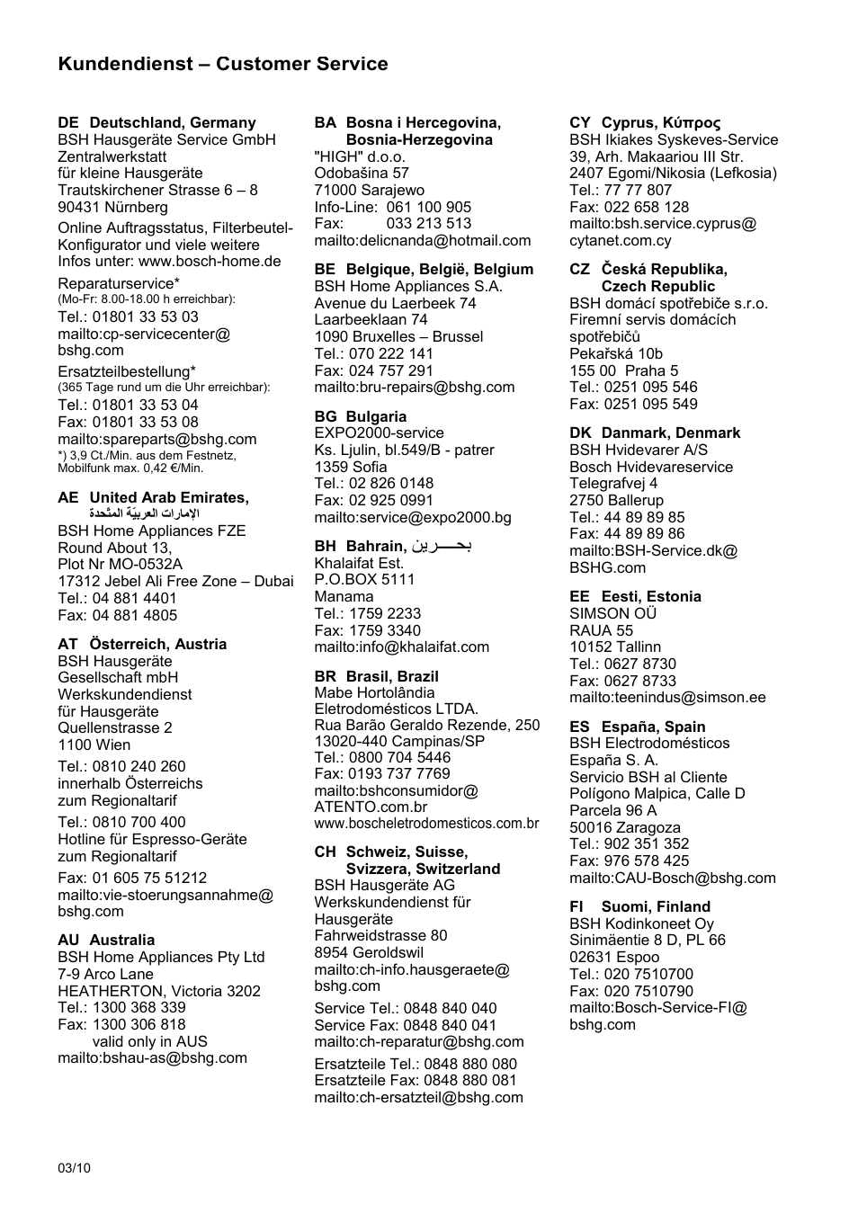 Kundendienst - customer service | Bosch MAS 95 W 1 User Manual | Page 77 / 83