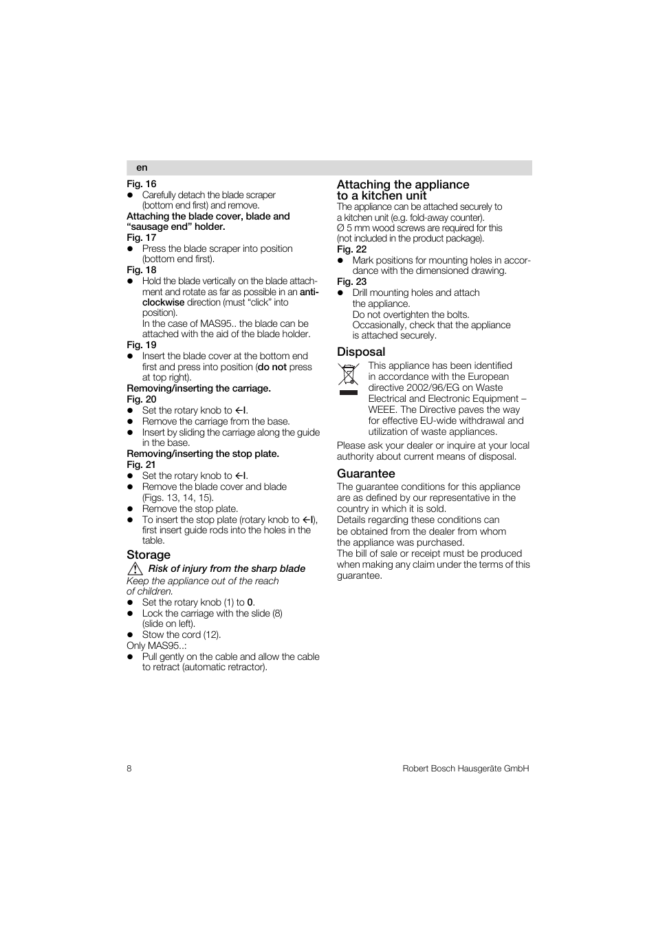 Fig. 16, Storage, Attaching the appliance to a kitchen unit | Disposal, Guarantee | Bosch MAS 95 W 1 User Manual | Page 8 / 83