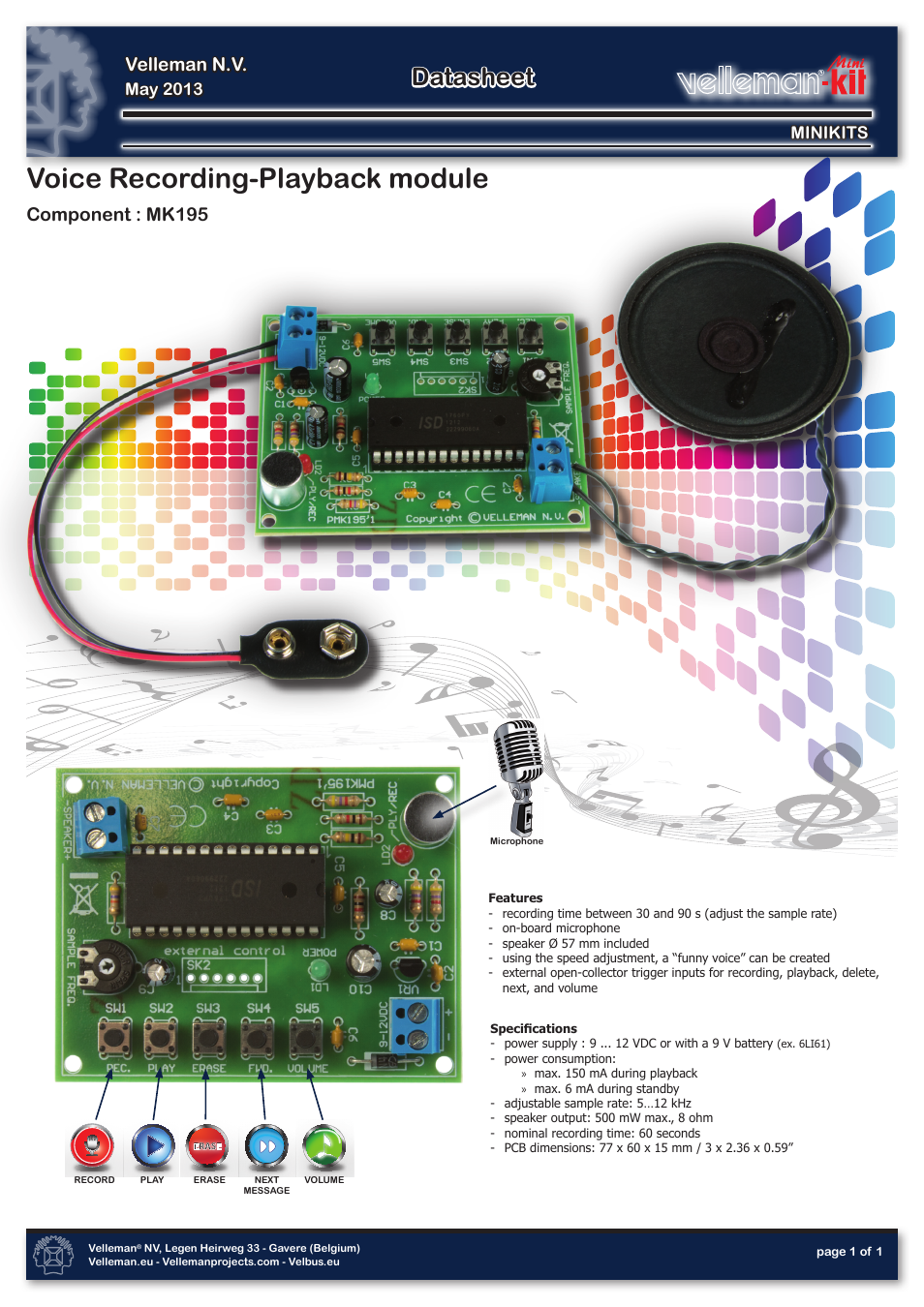 Velleman projects MK195 Datasheet User Manual | 1 page