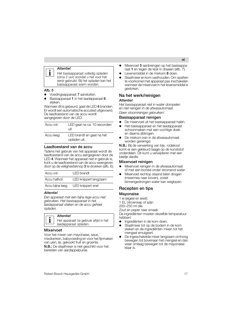 Laadtoestand van de accu, Mixervoet, Na het werk/reinigen | Basisapparaat reinigen, Mixervoet reinigen, Recepten en tips, Mayonaise | Bosch MSM 6 A 52 User Manual | Page 17 / 74