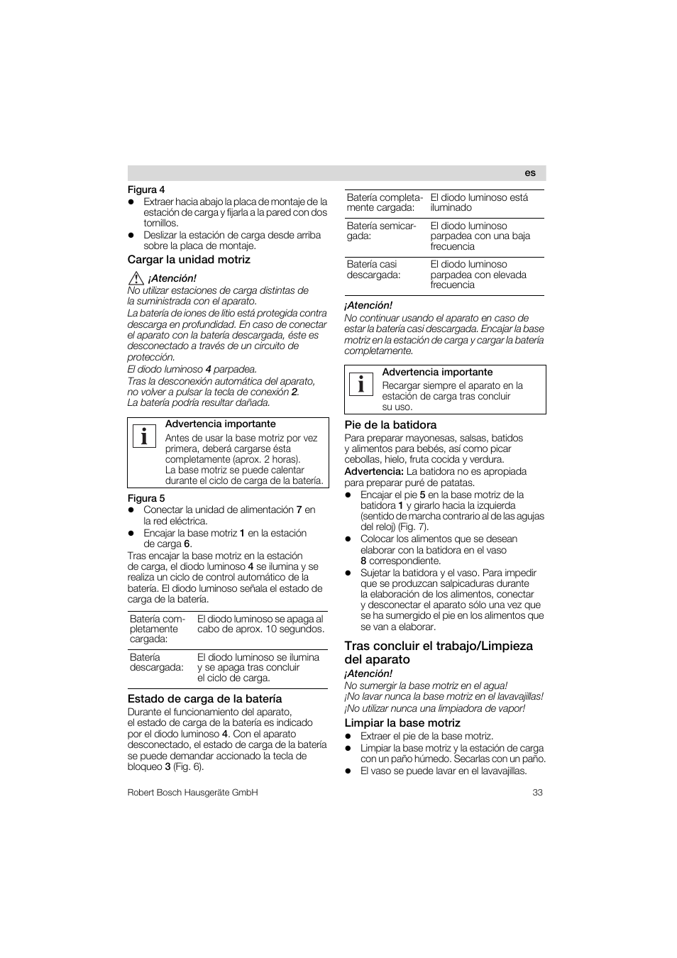 Cargar la unidad motriz, Estado de carga de la batería, Pie de la batidora | Tras concluir el trabajo/limpieza del aparato | Bosch MSM 6 A 52 User Manual | Page 33 / 74