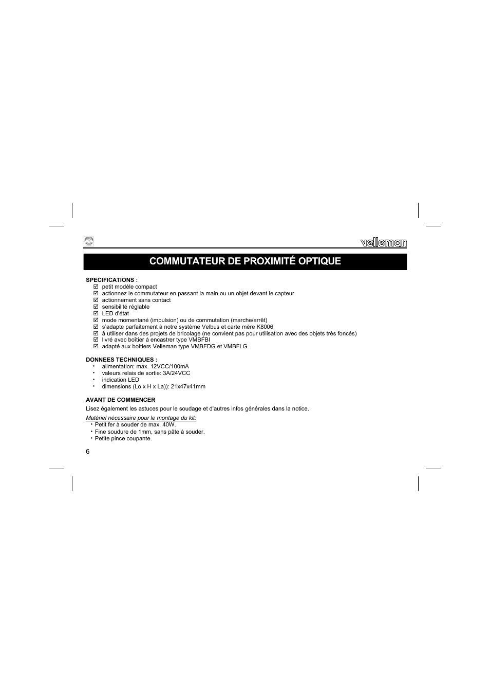 Commutateur de proximité optique | Velleman К8092 User Manual | Page 6 / 16