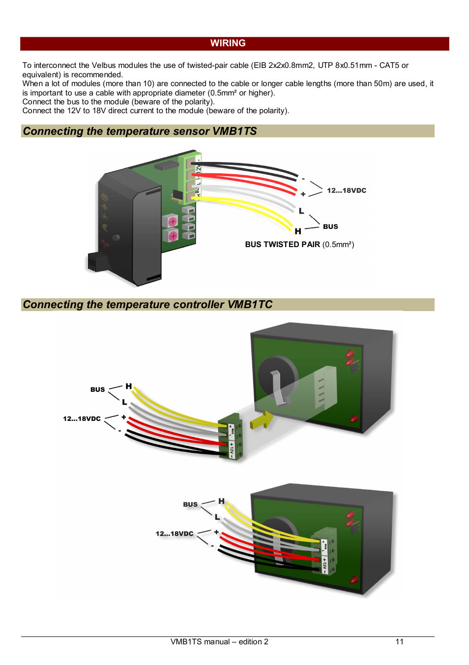 Connecting the temperature sensor vmb1ts, Connecting the temperature controller vmb1tc | Velleman VMB1TS User Manual | Page 11 / 43
