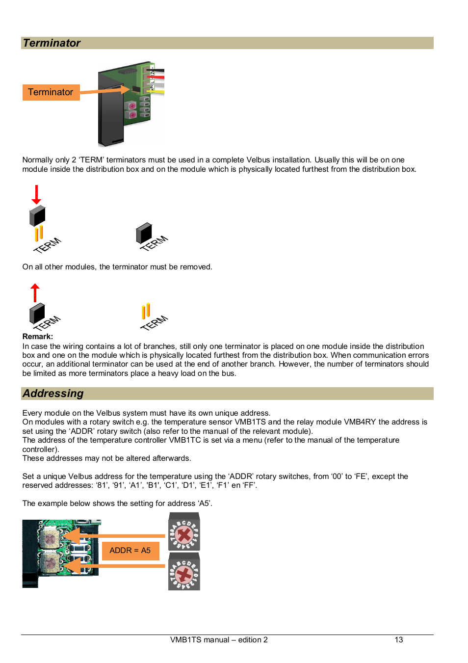 Terminator, Addressing | Velleman VMB1TS User Manual | Page 13 / 43