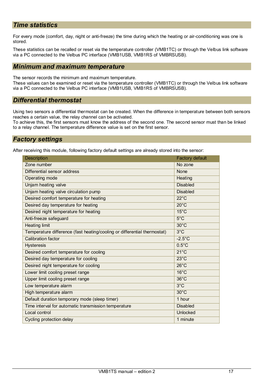 Time statistics, Minimum and maximum temperature, Differential thermostat | Factory settings | Velleman VMB1TS User Manual | Page 17 / 43