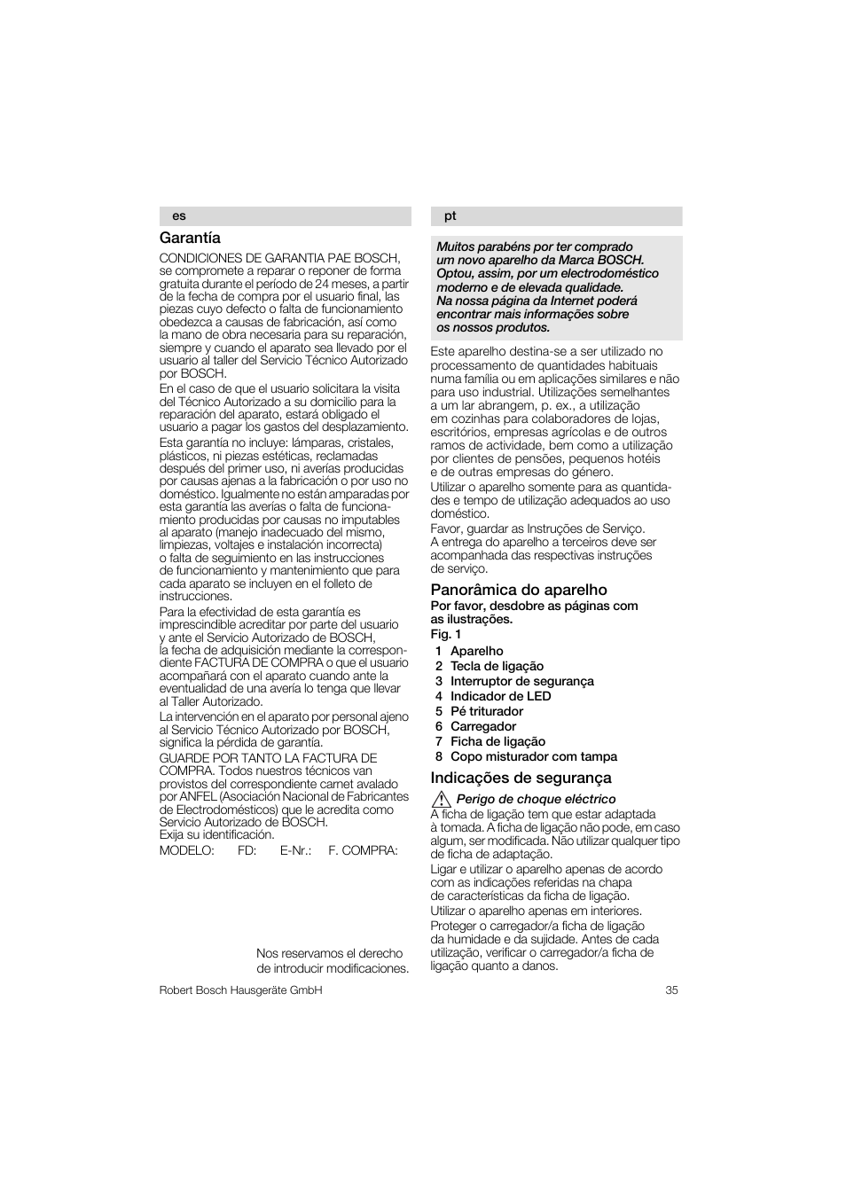 Garantía, Panorámica do aparelho, Indicagoes de seguranga | Bosch MSM 6 A 15 User Manual | Page 35 / 74