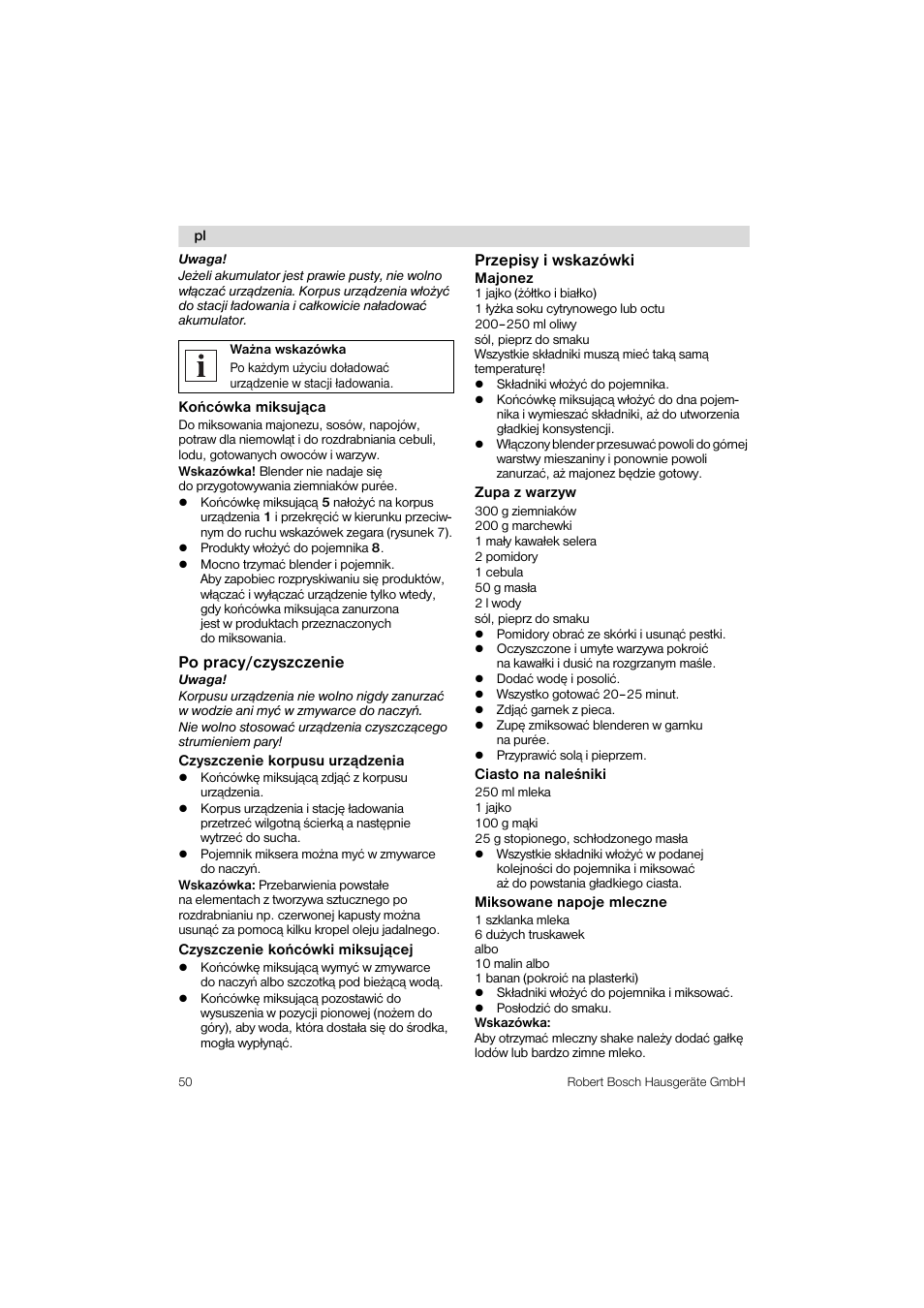 Po pracy/czyszczenie, Przepisy i wskazówki majonez | Bosch MSM 6 A 15 User Manual | Page 50 / 74