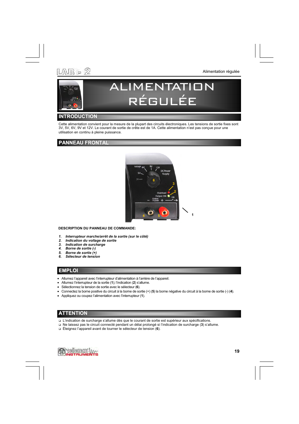 Alimentation, Alimentation régulée régulée régulée | Velleman LAB2 User Manual | Page 19 / 32