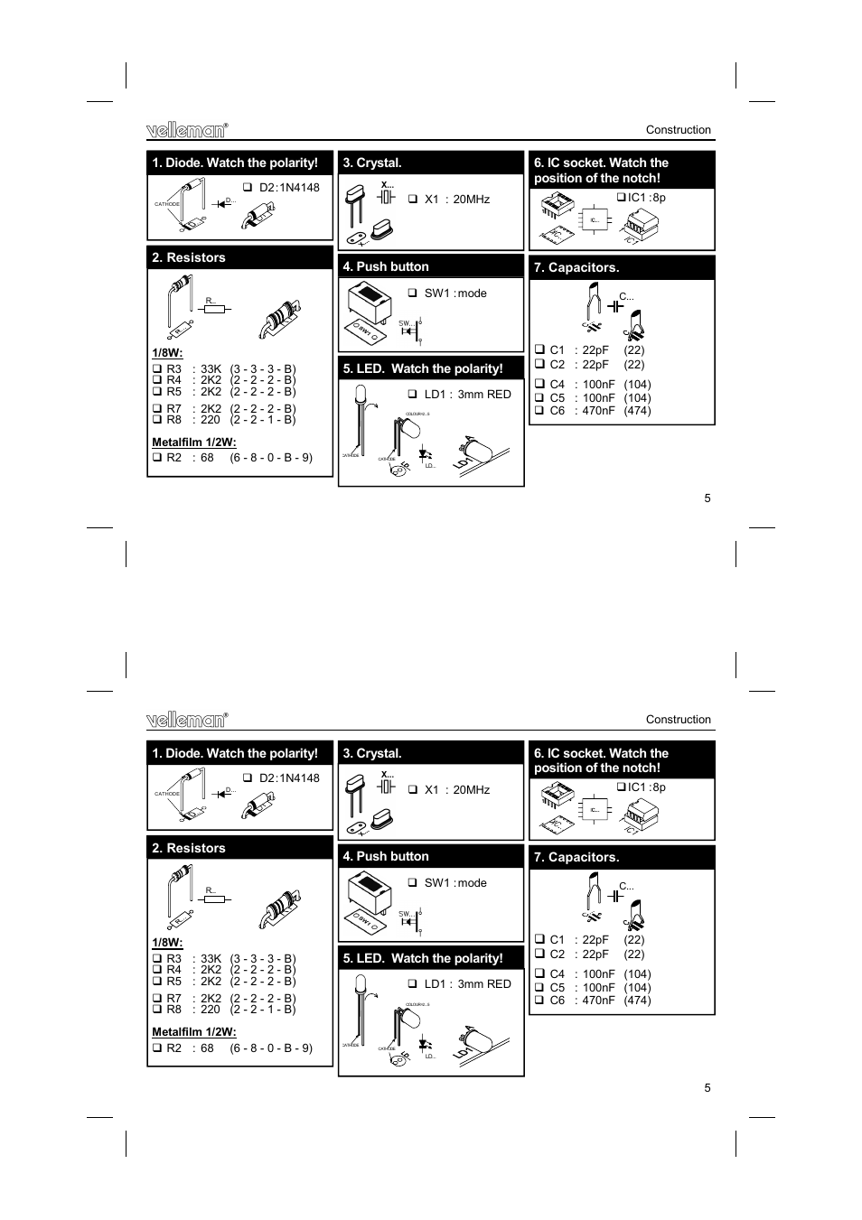 Resistors, Diode. watch the polarity, Ic socket. watch the position of the notch | Capacitors, Crystal, Led. watch the polarity! 4. push button | Velleman К8092 User Manual | Page 5 / 12