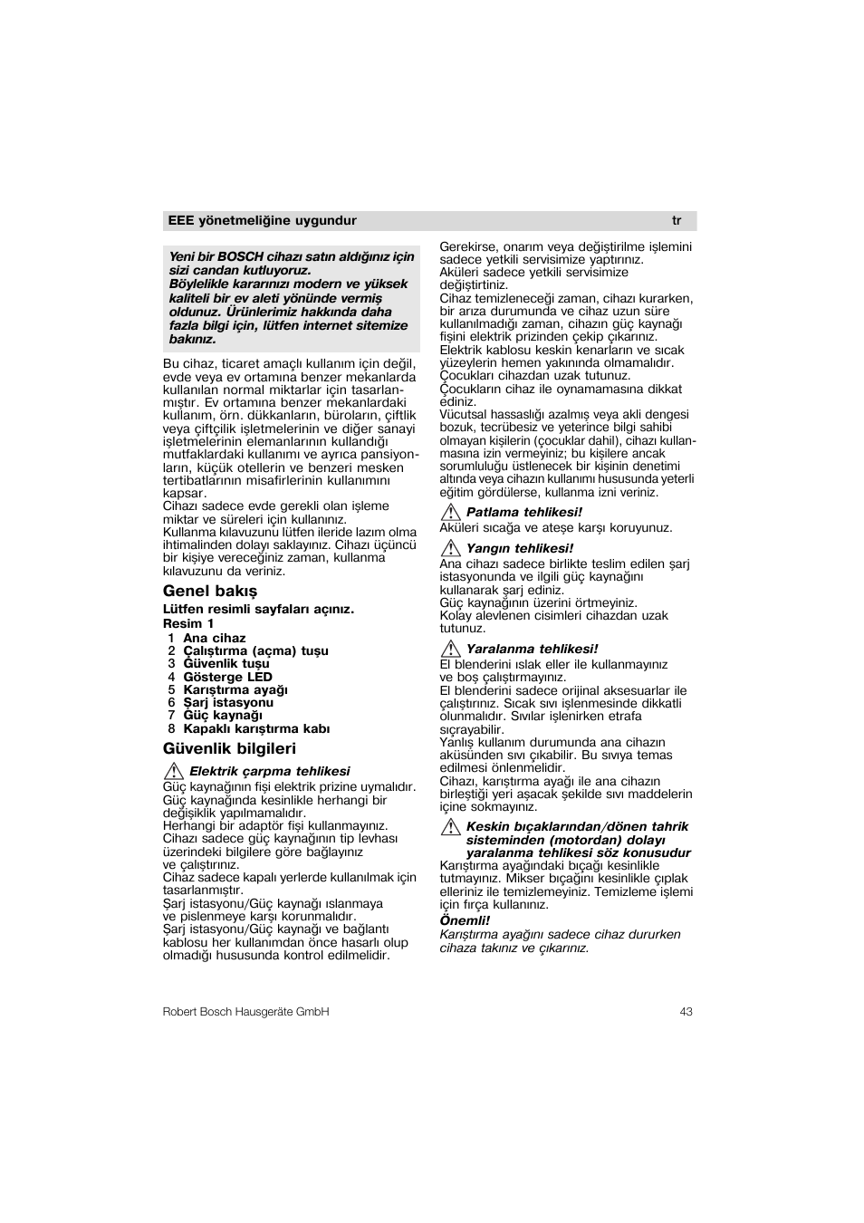 Genel bakis, Güvenlik bilgileri | Bosch MSM 6 A 88 User Manual | Page 43 / 74