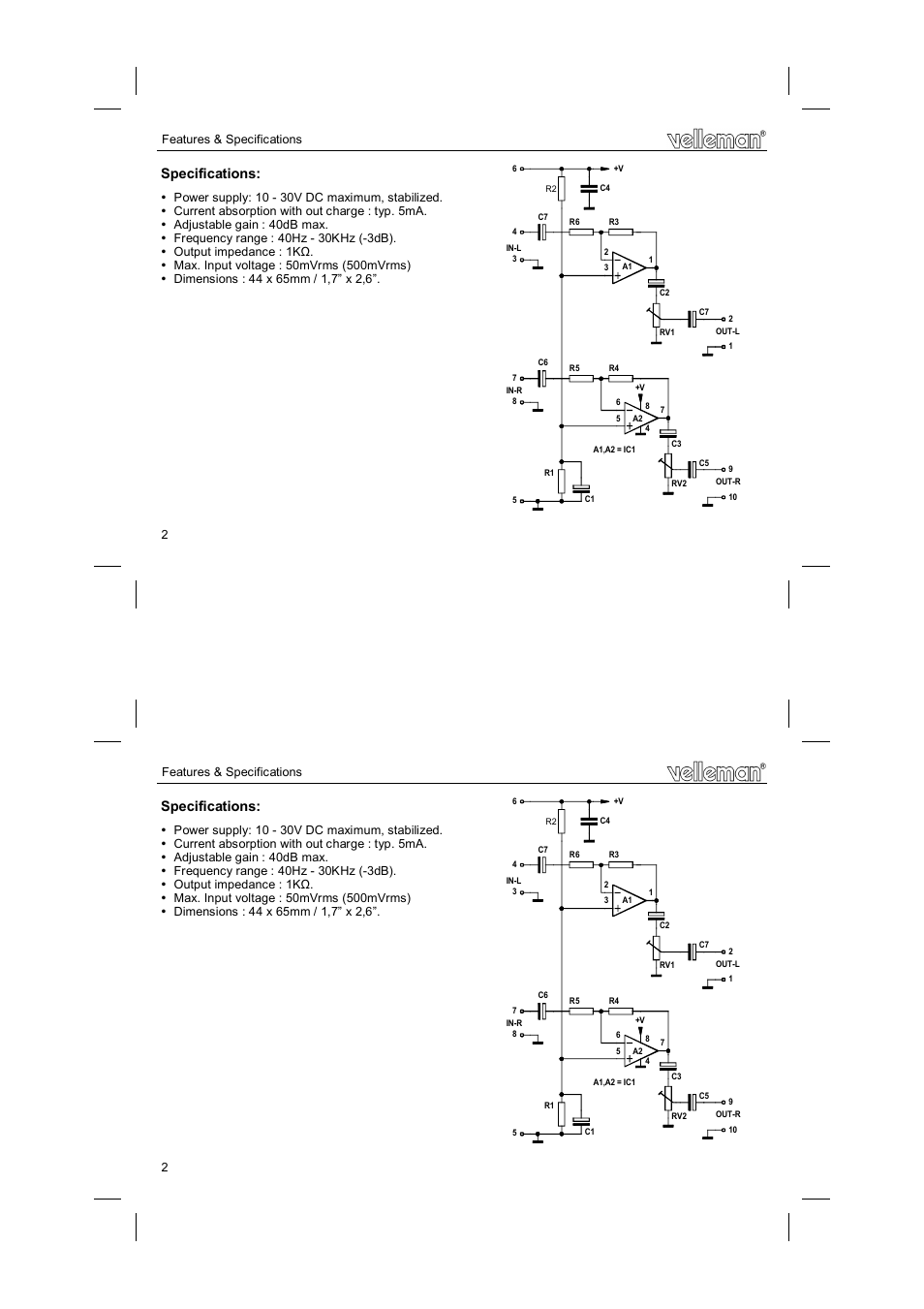 Specifications | Velleman projects K2572 Assembly instructions User Manual | Page 2 / 8