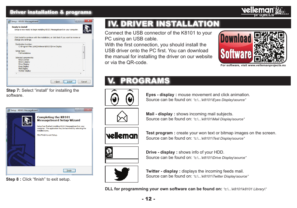 Iv. driver installation v. programs | Velleman projects K8101 Assembly instructions User Manual | Page 12 / 16