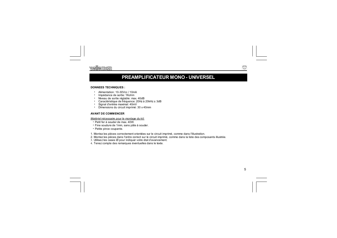 Preamplificateur mono - universel | Velleman K1803 User Manual | Page 5 / 12