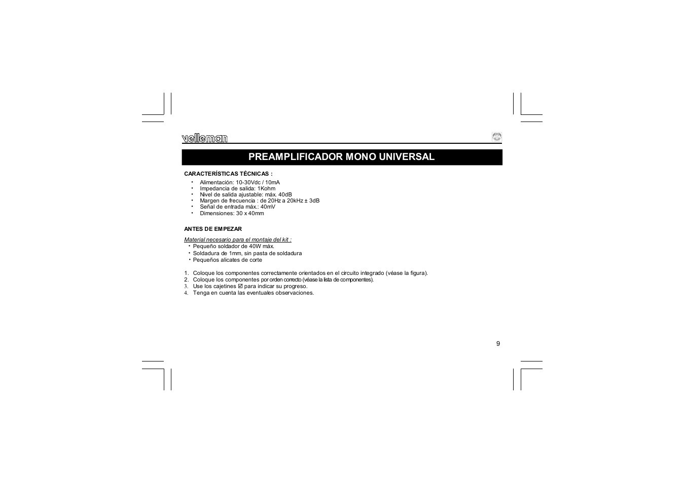 Preamplificador mono universal | Velleman K1803 User Manual | Page 9 / 12