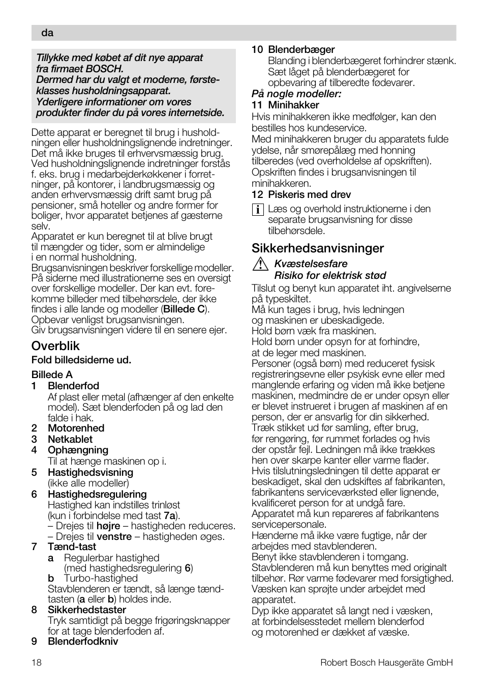 Overblik, Sikkerhedsanvisninger | Bosch MSM 7300 User Manual | Page 18 / 72