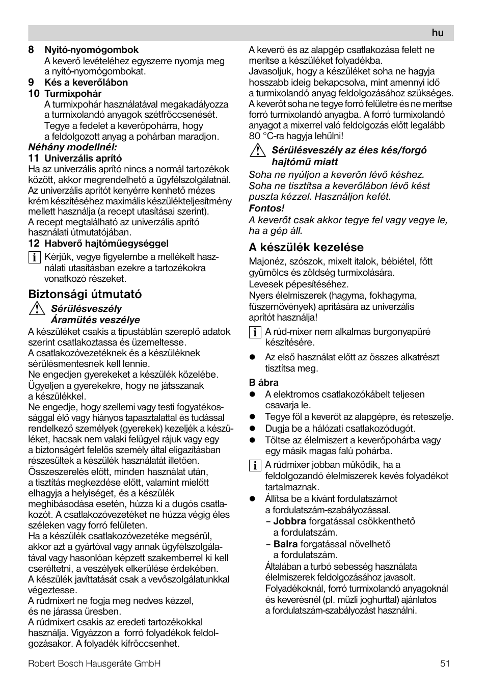 Biztonsági útmutató, A készülék kezelése | Bosch MSM 7300 User Manual | Page 51 / 72