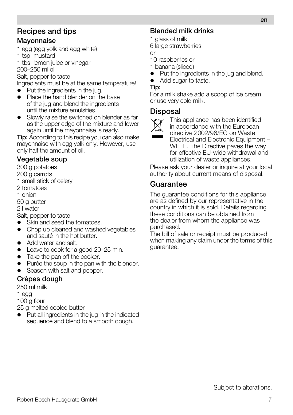 Recipes and tips, Disposal, Guarantee | Bosch MSM 7300 User Manual | Page 7 / 72