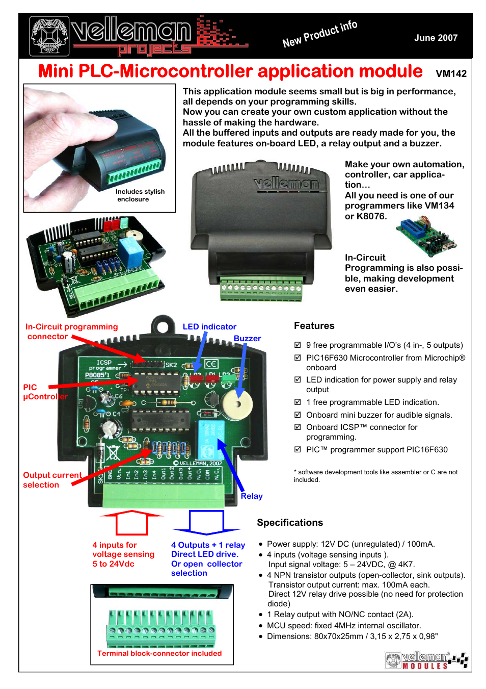 Velleman projects VM142 Datasheet User Manual | 1 page