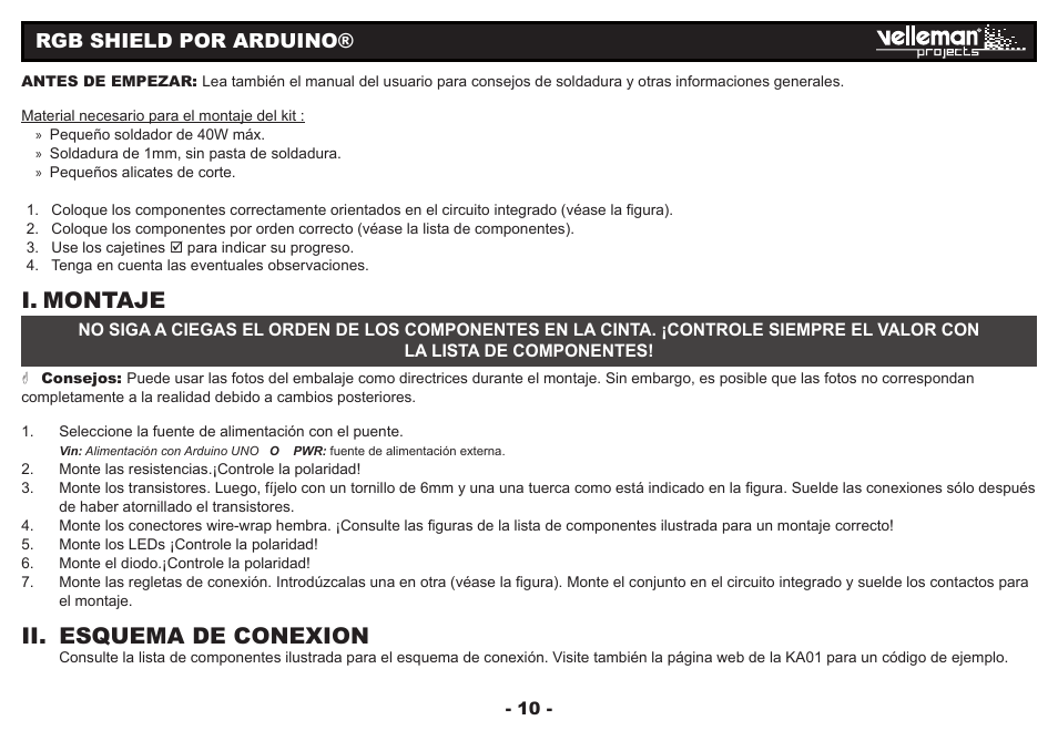 I. montaje, Ii. esquema de conexion, Rgb shield por arduino | Velleman Кa01 User Manual | Page 10 / 12