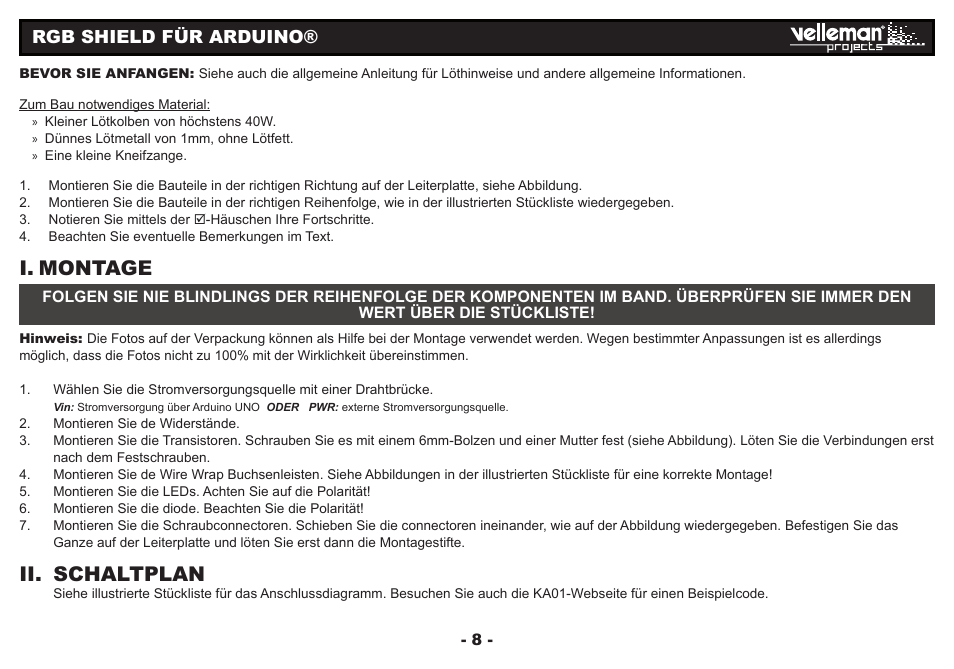 I. montage, Ii. schaltplan, Rgb shield für arduino | Velleman Кa01 User Manual | Page 8 / 12