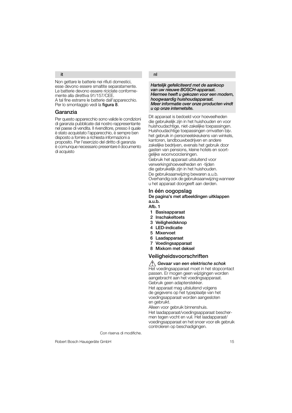 In één oogopslag, Veiligheidsvoorschriften | Bosch MSM 6 A 86 User Manual | Page 15 / 74