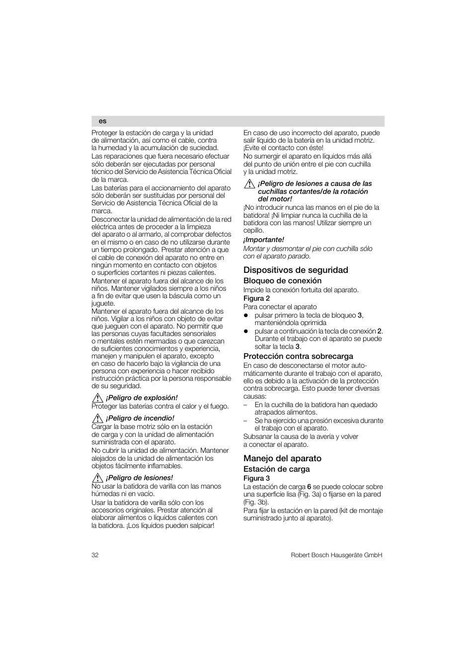 Dispositivos de seguridad, Bloqueo de conexión, Protección contra sobrecarga | Manejo del aparato estación de carga figura 3 | Bosch MSM 6 A 86 User Manual | Page 32 / 74