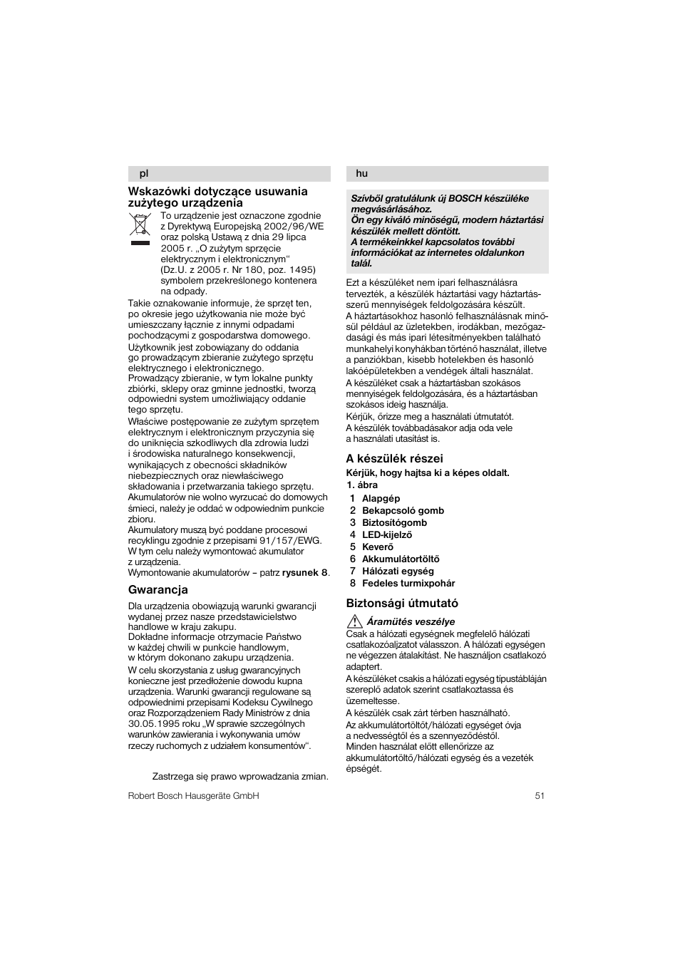 Wskazówki dotyczqce usuwania zuzytego urzqdzenia, Gwarancja, A készülék részei | Biztonsági útmutató | Bosch MSM 6 A 86 User Manual | Page 51 / 74