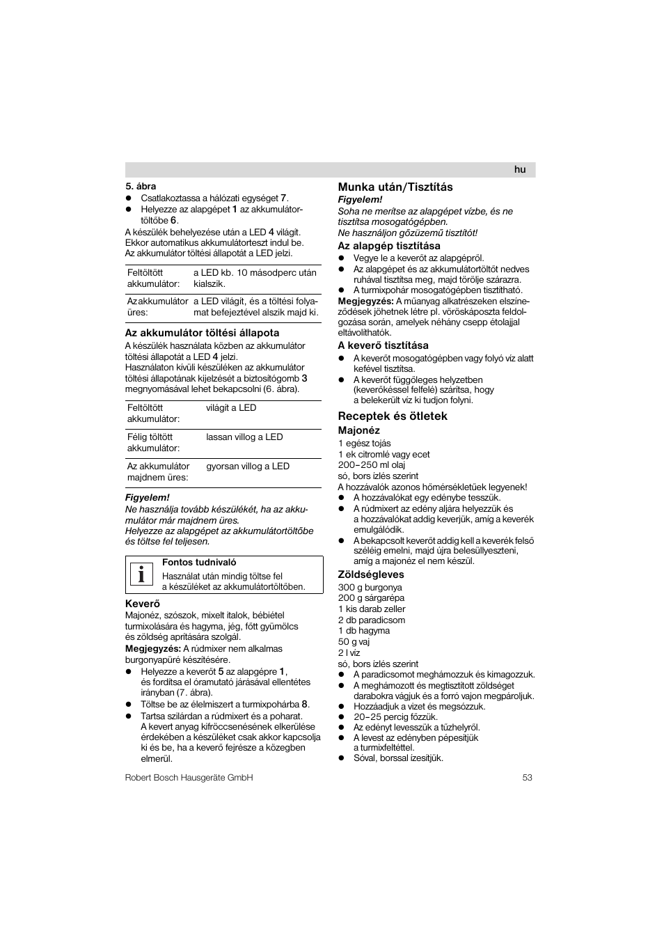 Munka utän/tiszti'täs, Receptek es ötletek majonez | Bosch MSM 6 A 86 User Manual | Page 53 / 74