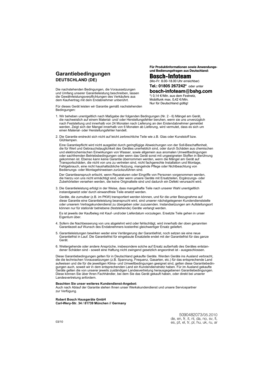 Garantiebedingungen, Büsch-infüteam, Deutschland (de) | Bosch MSM 6 A 86 User Manual | Page 72 / 74