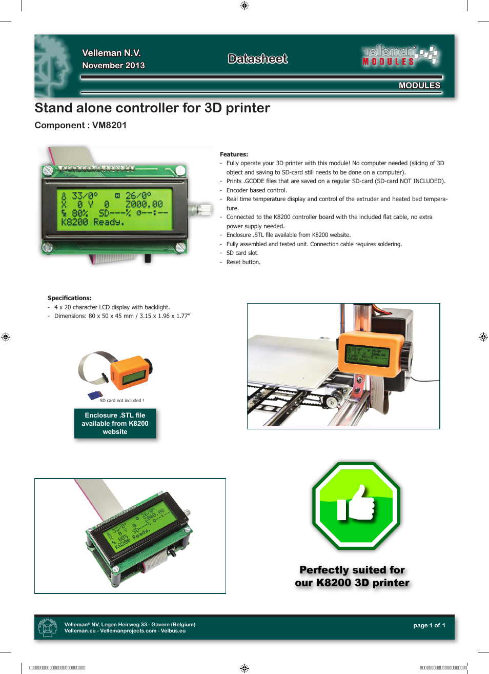 Velleman projects VM8201 Datasheet User Manual | 1 page