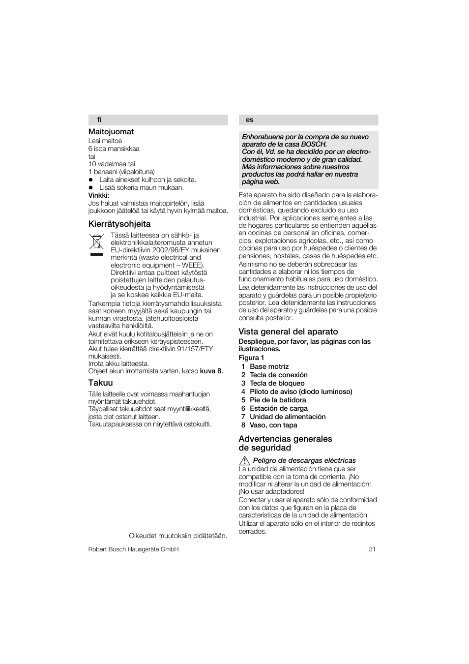 Maitojuomat, Kierratysohjeita, Takuu | Vista general del aparato, Advertencias generales de seguridad | Bosch MSM 6 A 45 User Manual | Page 31 / 74