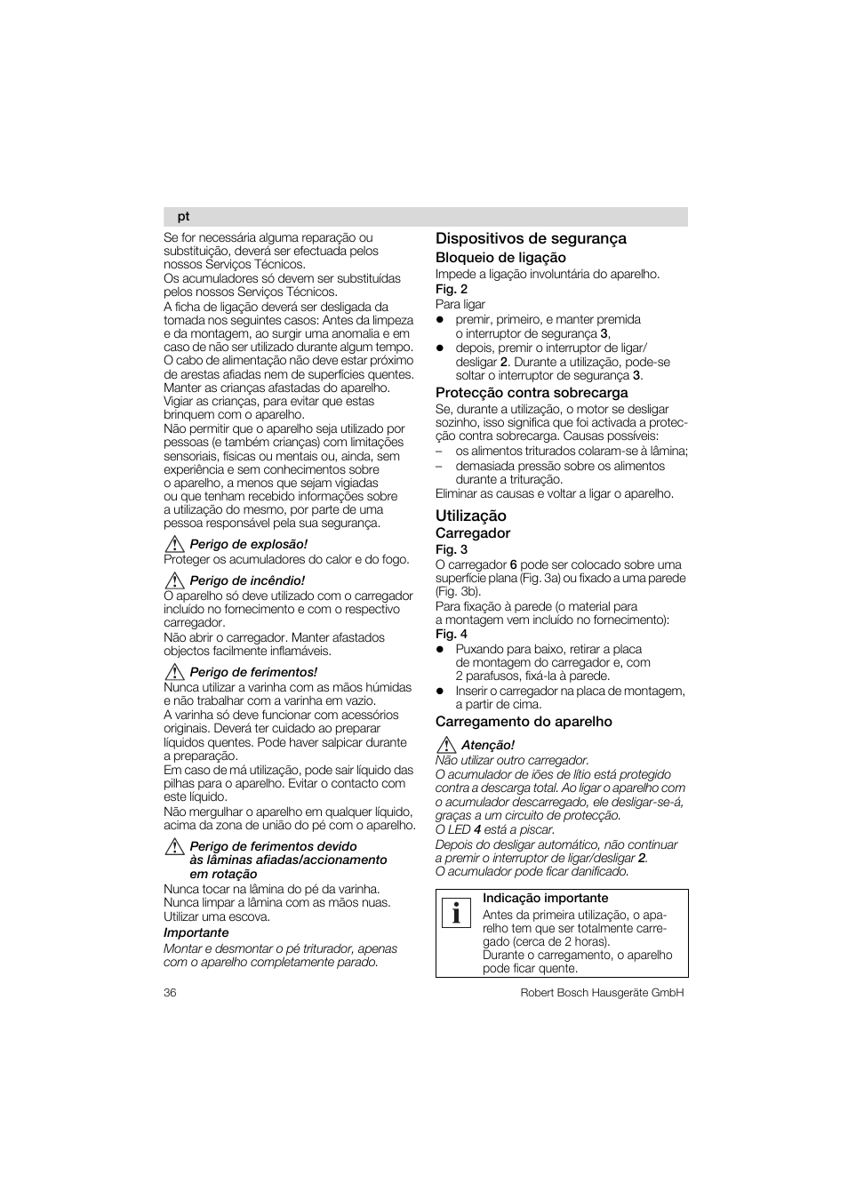 Dispositivos de seguranga, Bloqueio de ligagao, Protecgao contra sobrecarga | Utilizagao carregador fig. 3, Carregamento do aparelho, Utilizagao | Bosch MSM 6 A 45 User Manual | Page 36 / 74