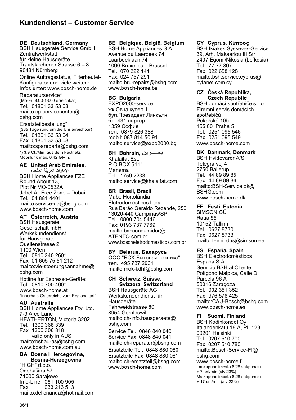 Kundendienst – customer service | Bosch MSM 7331 User Manual | Page 67 / 72
