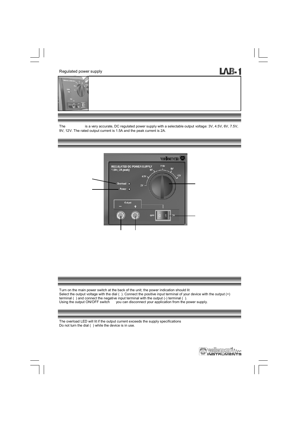 Regulated power supply | Velleman LAB1 User Manual | Page 12 / 64