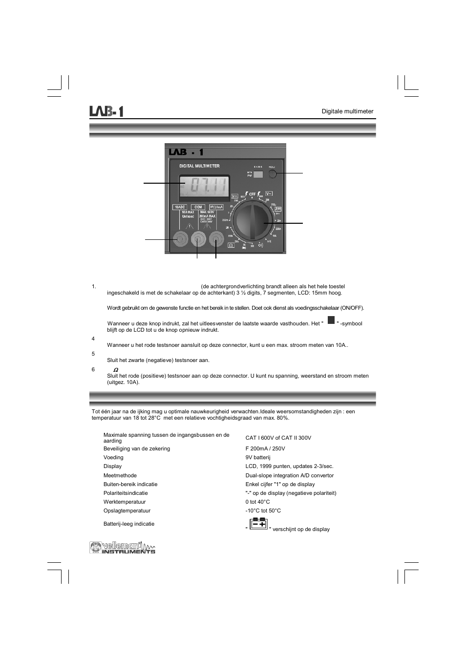 Voorzijde, Specificaties | Velleman LAB1 User Manual | Page 19 / 64