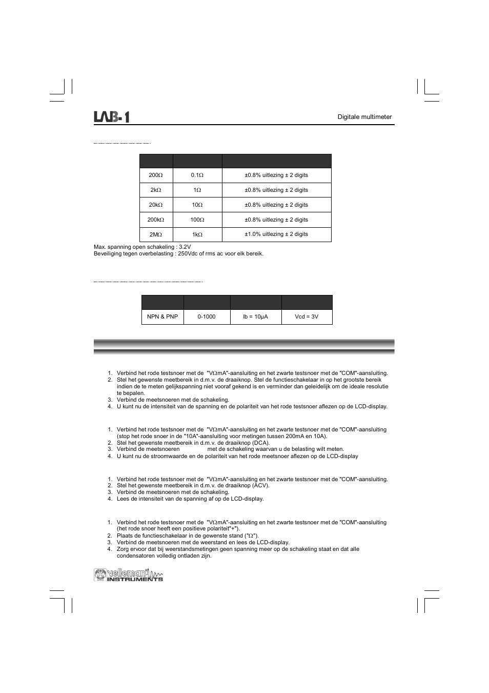 Bedieningsinstructies | Velleman LAB1 User Manual | Page 21 / 64