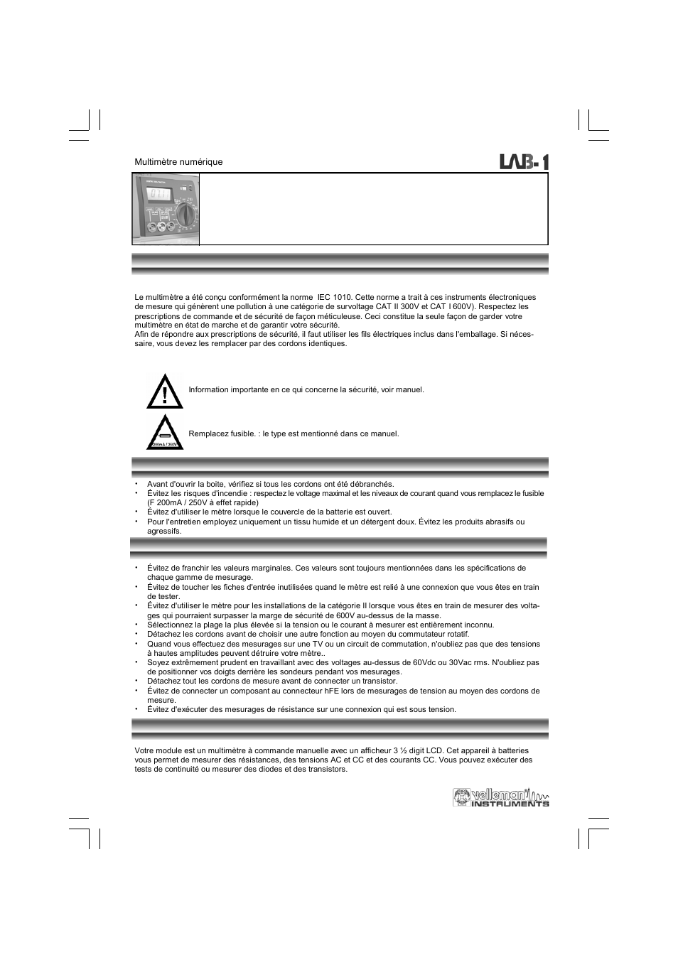 Multimetre numerique | Velleman LAB1 User Manual | Page 30 / 64