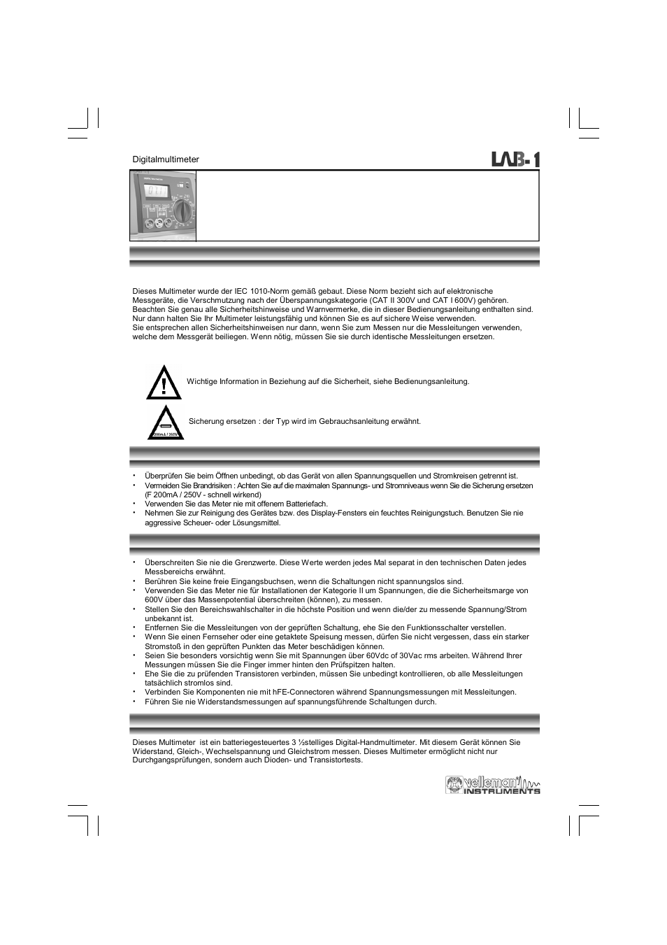 Digitalmultimeter, Sicherheit wartung inbetriebnahme vorstellung | Velleman LAB1 User Manual | Page 42 / 64