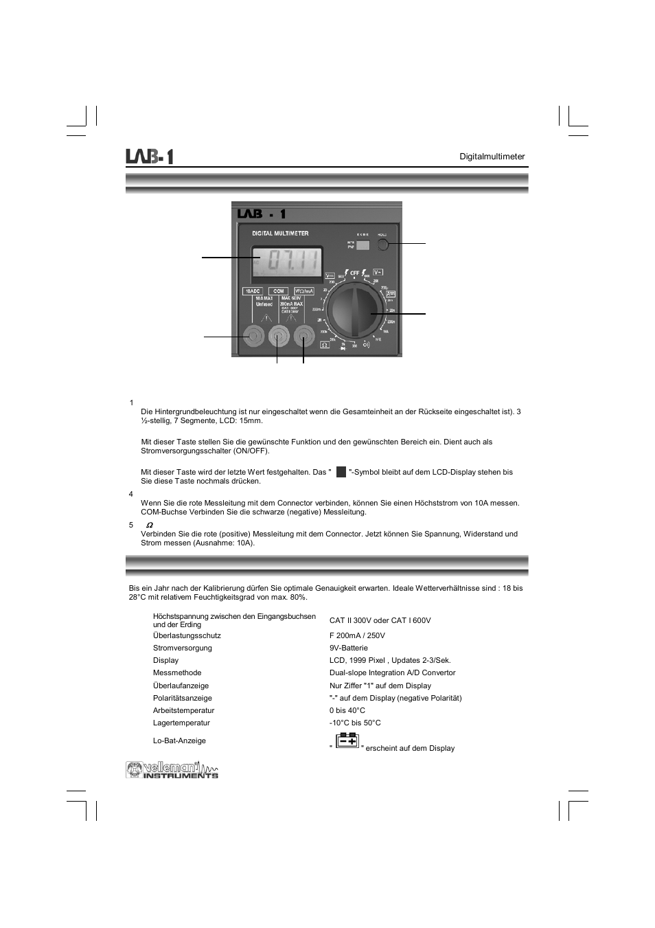 Frontplatte, Spezifikationen | Velleman LAB1 User Manual | Page 43 / 64