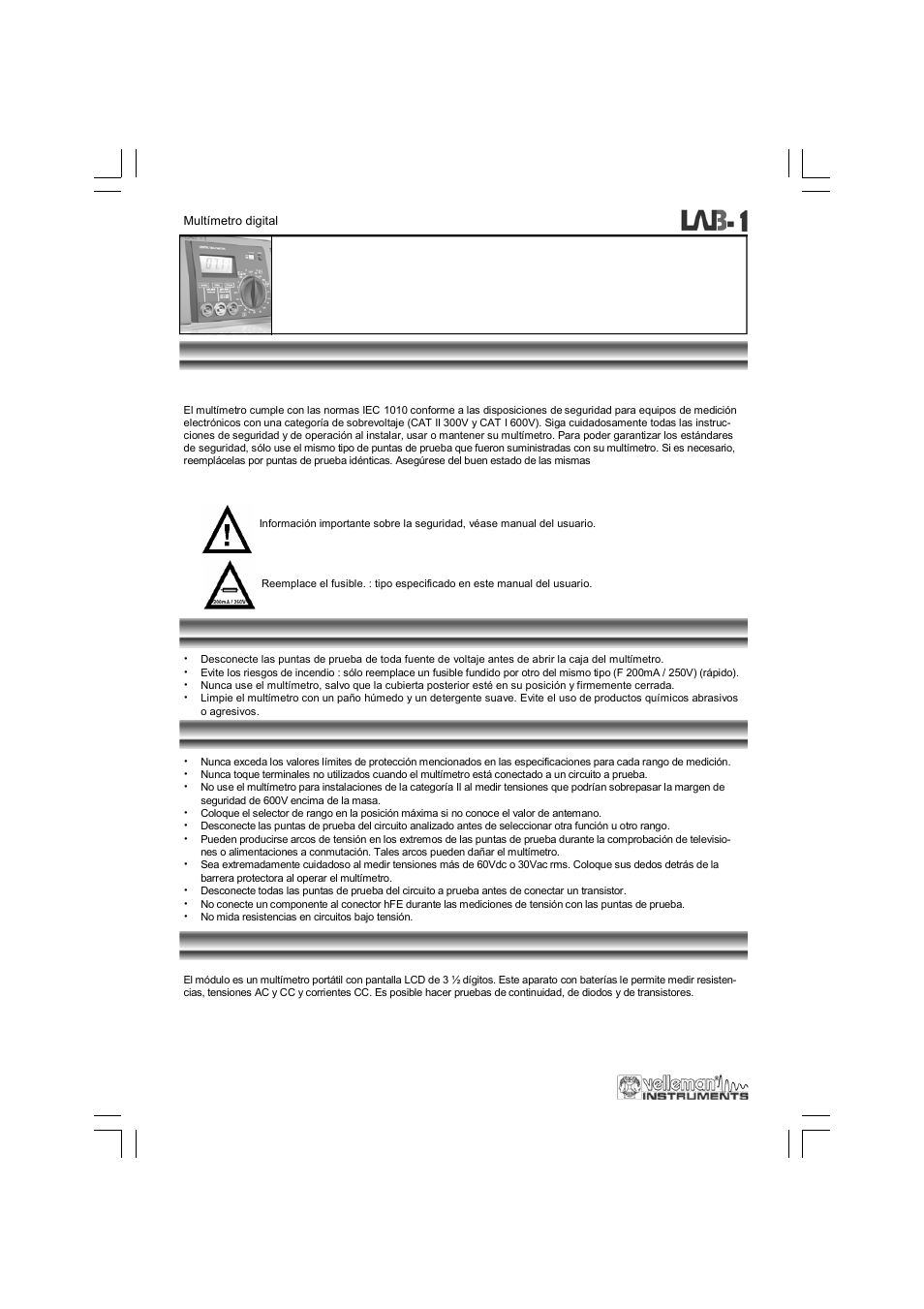 Multímetro digital | Velleman LAB1 User Manual | Page 54 / 64
