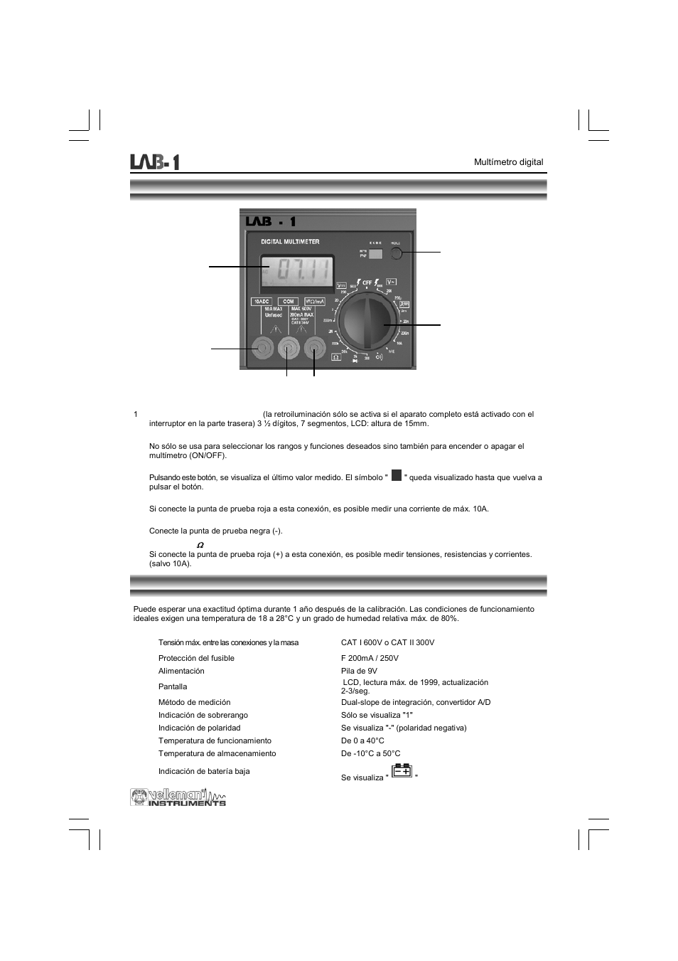 Parte frontal, Especificaciones | Velleman LAB1 User Manual | Page 55 / 64