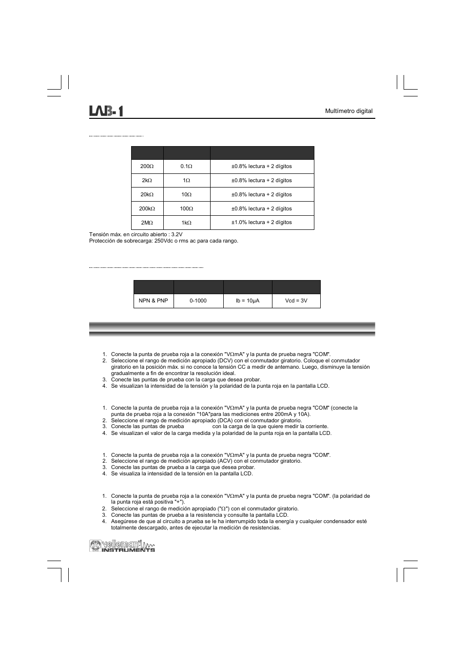 Instrucciones del usuario | Velleman LAB1 User Manual | Page 57 / 64