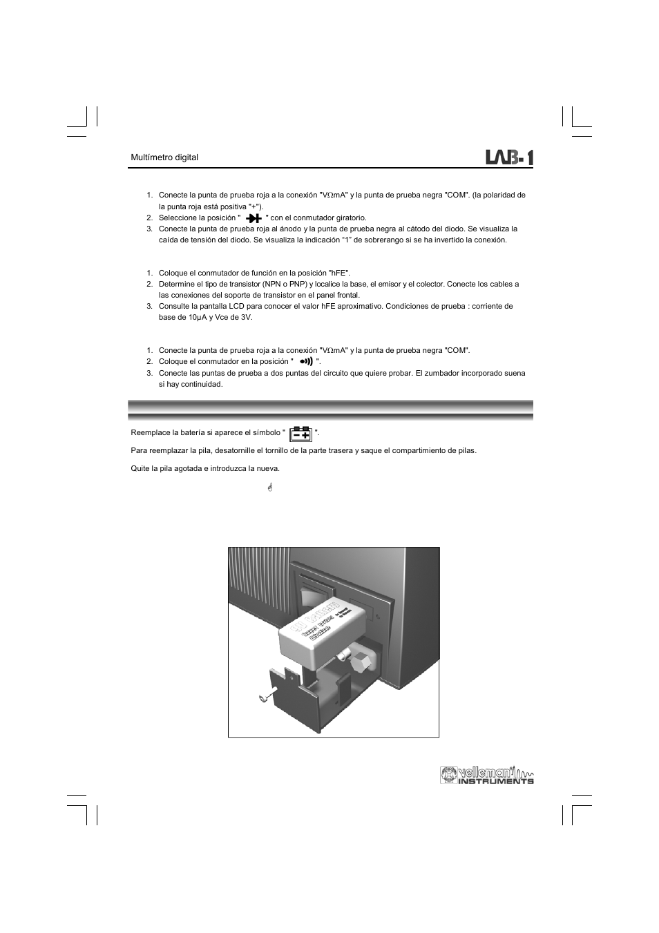 Reemplazar la pila o el fusible | Velleman LAB1 User Manual | Page 58 / 64